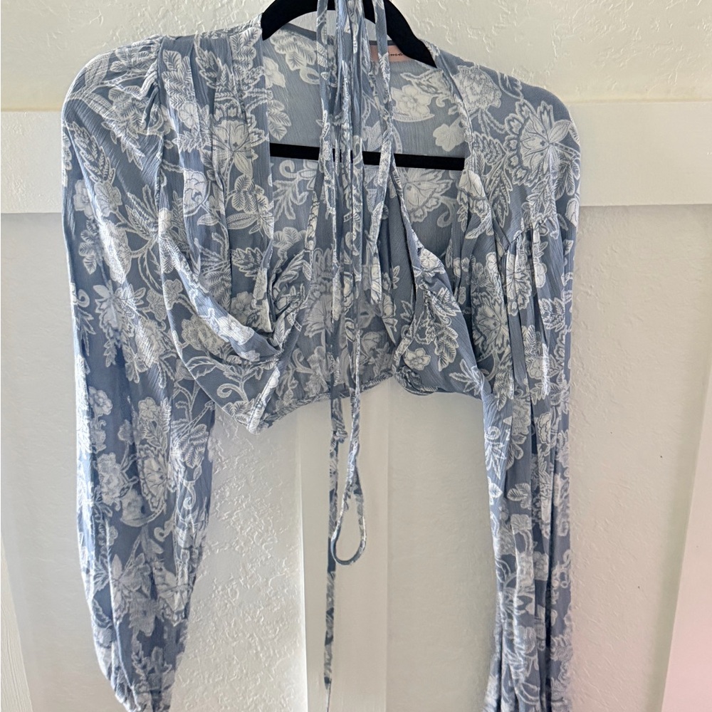Blue and White Floral Tie-Front Crop Top